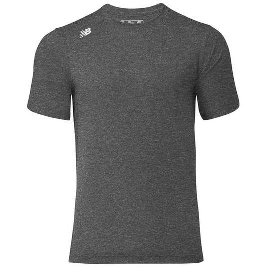 A dark gray heathered New Balance crew neck t-shirt with a small white logo on the left chest.