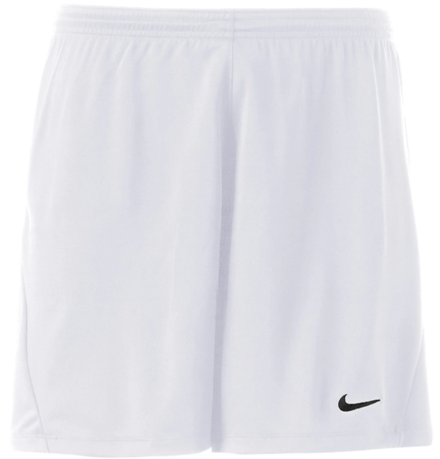 White Nike athletic shorts featuring an elastic waistband and a small black swoosh logo on the lower right leg.