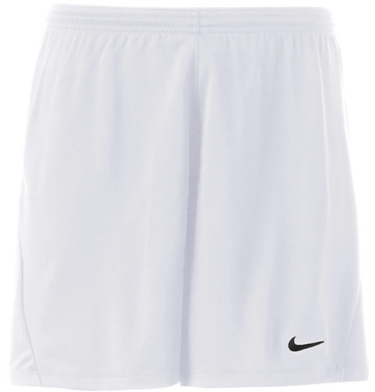 White Nike athletic shorts featuring an elastic waistband and a small black swoosh logo on the lower right leg.