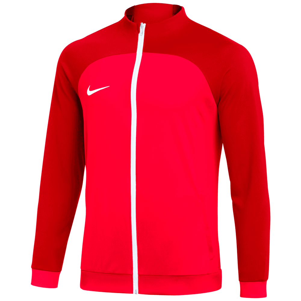 Two-tone red Nike track jacket with a white zipper and swoosh logo. The sleeves and shoulders are a darker red compared to the bright red body.