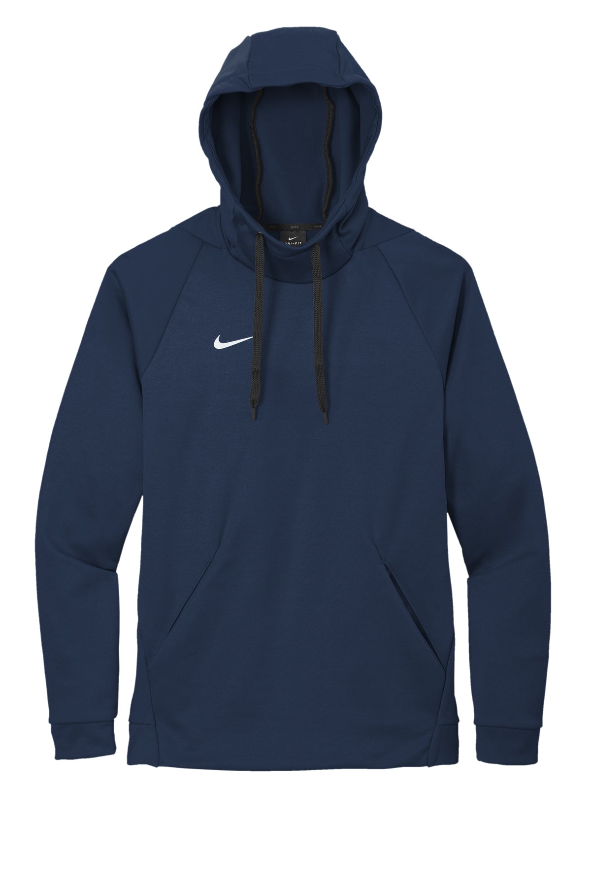 A navy blue Nike Dri-FIT hoodie featuring a white swoosh logo on the left chest, adjustable drawstrings, and a front pouch pocket.