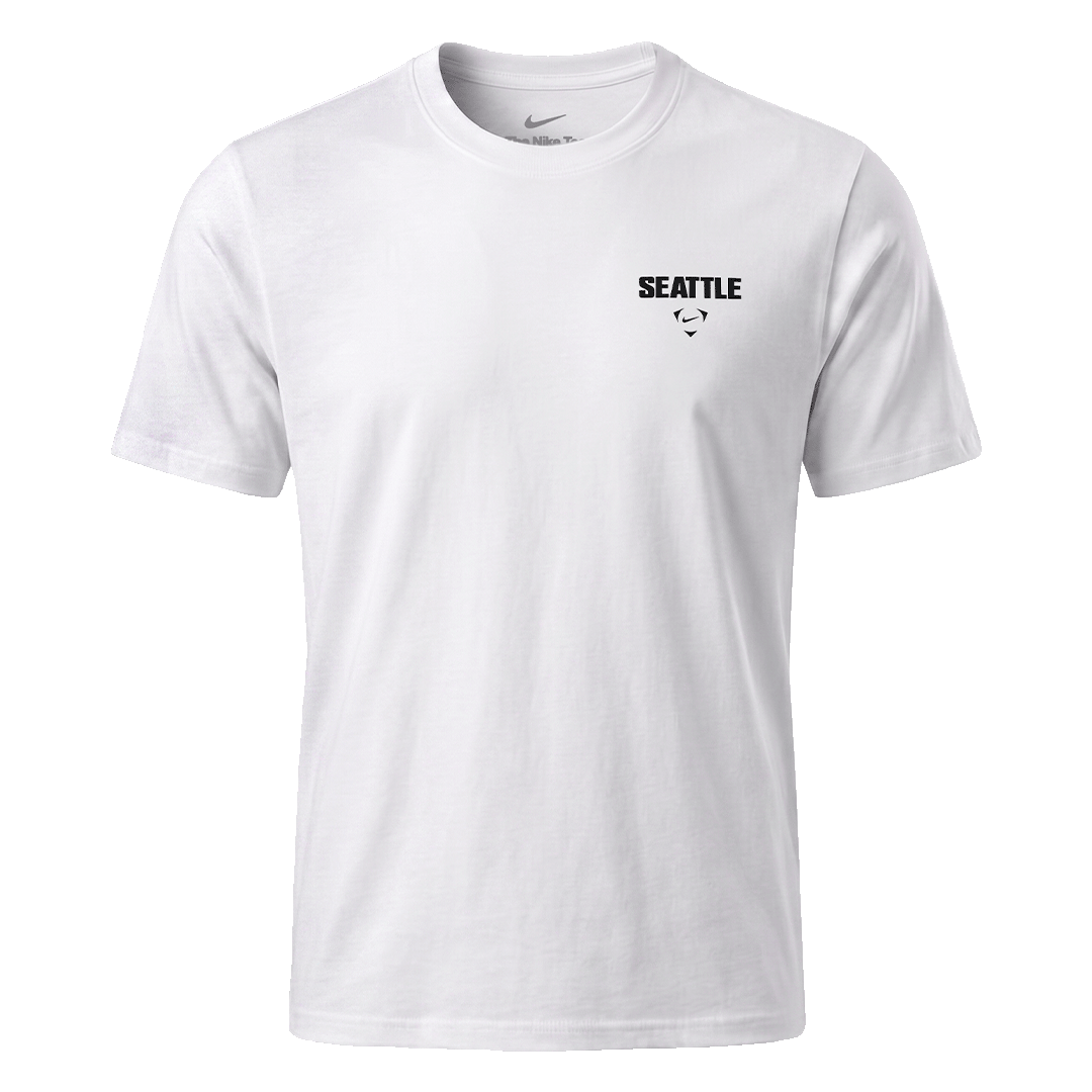 A white short-sleeved Nike crew neck t-shirt with black text reading "SEATTLE" above a small graphic logo on the left chest.