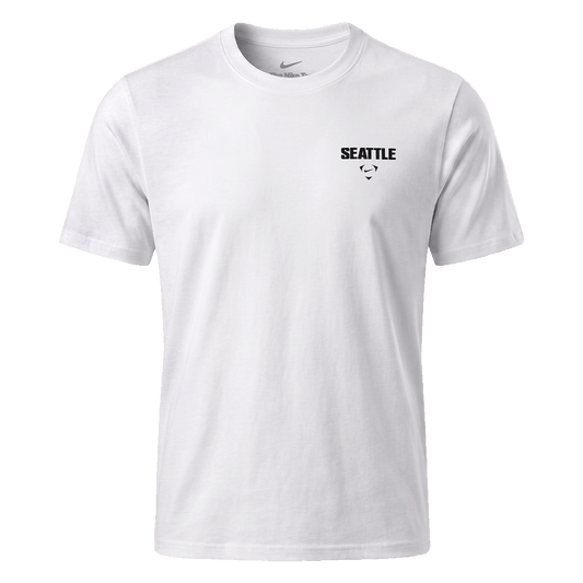 A white short-sleeved Nike crew neck t-shirt with black text reading "SEATTLE" above a small graphic logo on the left chest.