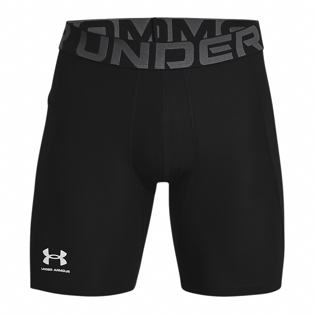 A pair of black Under Armour men's compression shorts with a grey branded waistband and white logo on the lower left leg.