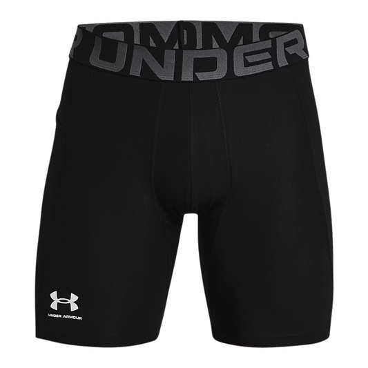 A pair of black Under Armour men's compression shorts with a grey branded waistband and white logo on the lower left leg.