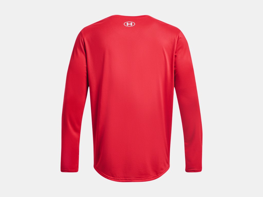 Back view of a red long-sleeved performance t-shirt with a small white Under Armour logo at the upper center back and a curved hem.