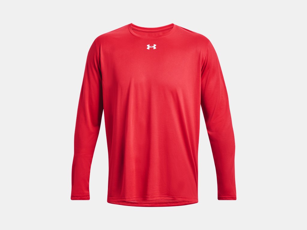 A red Under Armour long-sleeved athletic shirt with a white logo centered on the chest, displayed against a plain background.