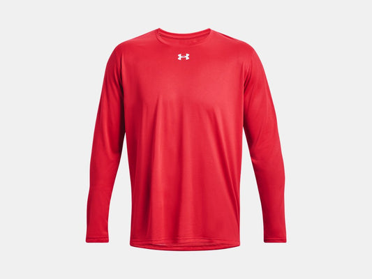 A red Under Armour long-sleeved athletic shirt with a white logo centered on the chest, displayed against a plain background.