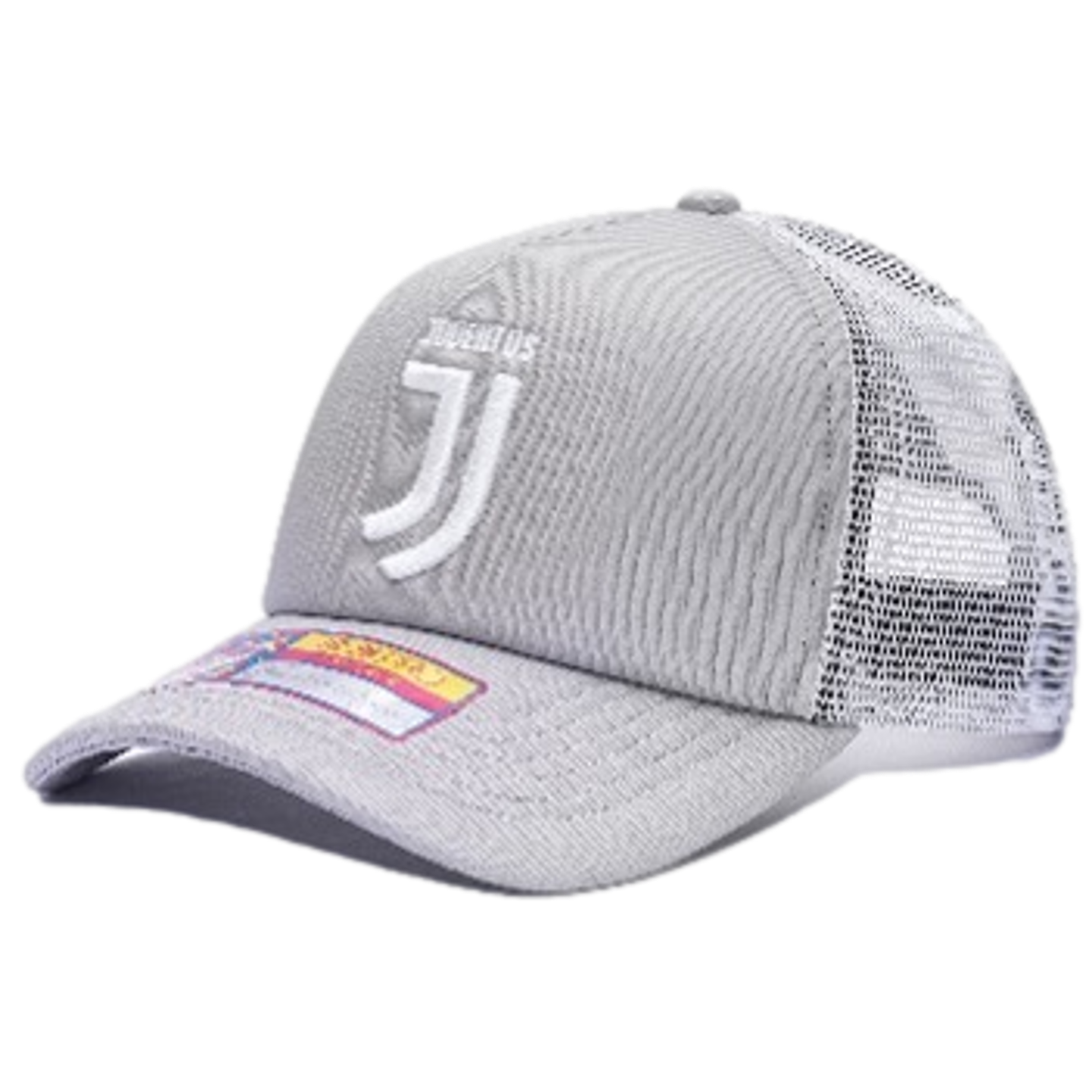A grey corduroy and mesh trucker hat with a white embroidered Juventus F.C. logo. It features a sticker on the brim and is shown against a black background.