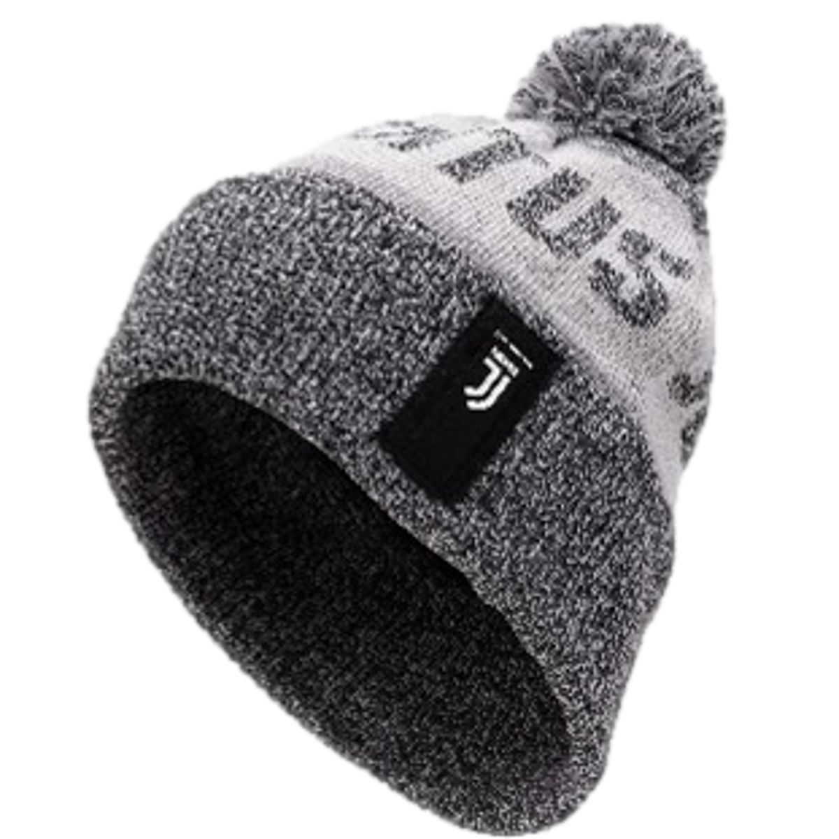A grey and white knitted pom-pom beanie featuring a black patch with a white Juventus logo and the team name around the crown.