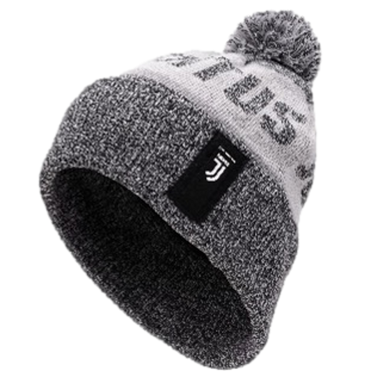 A grey and white knitted pom-pom beanie featuring a black patch with a white Juventus logo and the team name around the crown.