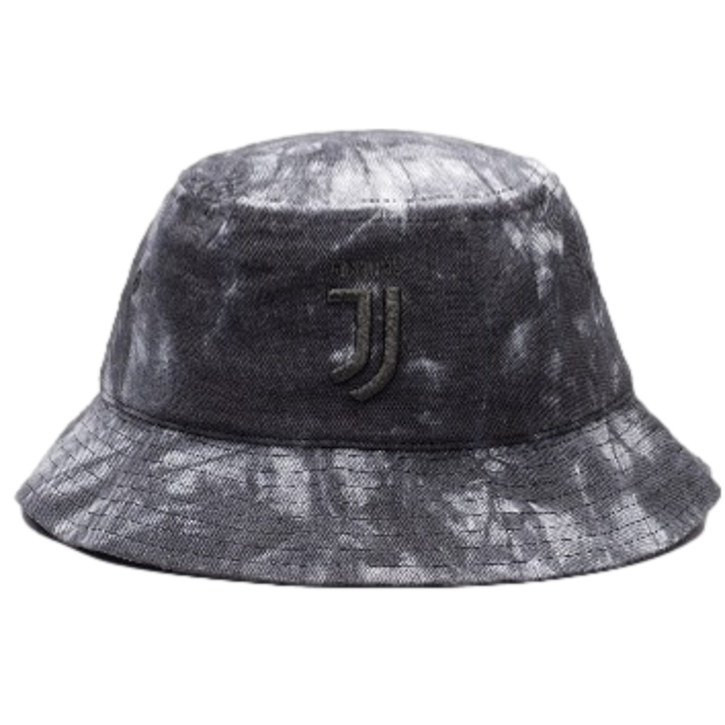 Dark grey and white tie-dye bucket hat featuring a black embroidered Juventus "J" logo on the front.