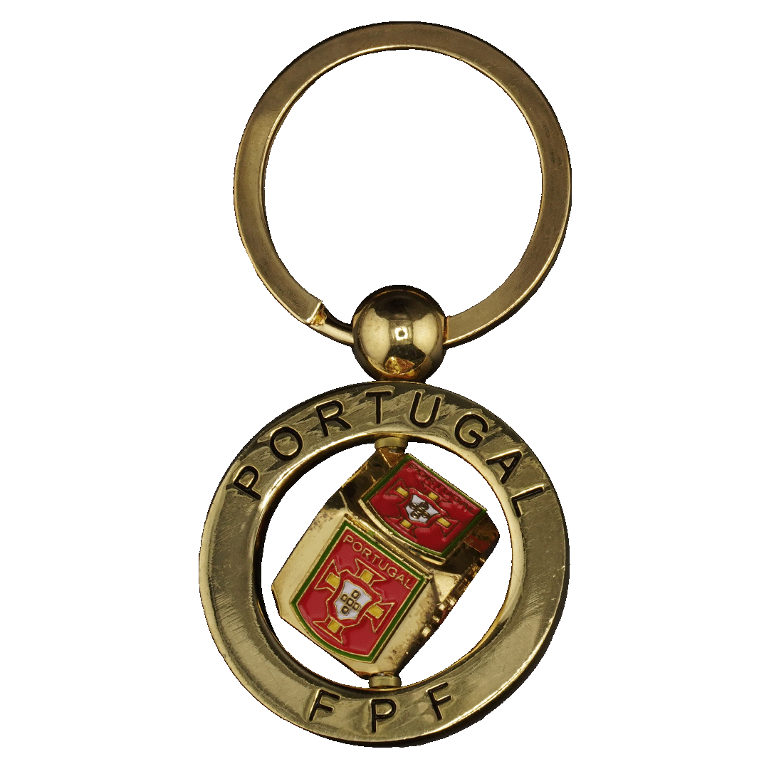 Gold-toned keychain featuring a rotating center with the Portuguese football crest. The outer ring is engraved with "PORTUGAL" and "FPF."