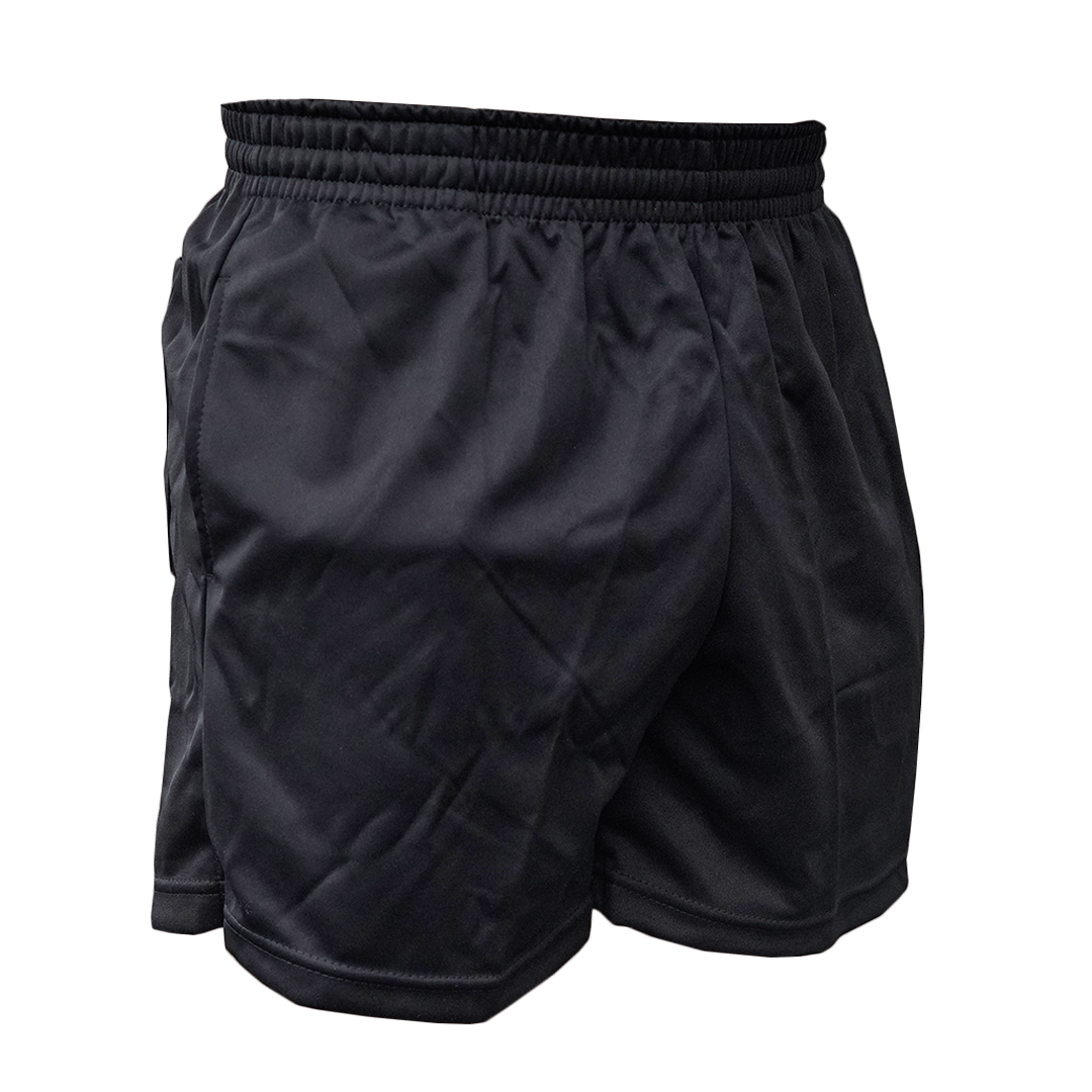 A pair of black Soccer Post Referee Shorts with a multi-stitched elastic waistband.