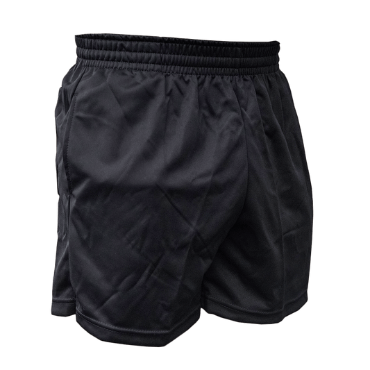 A pair of black Soccer Post Referee Shorts with a multi-stitched elastic waistband.