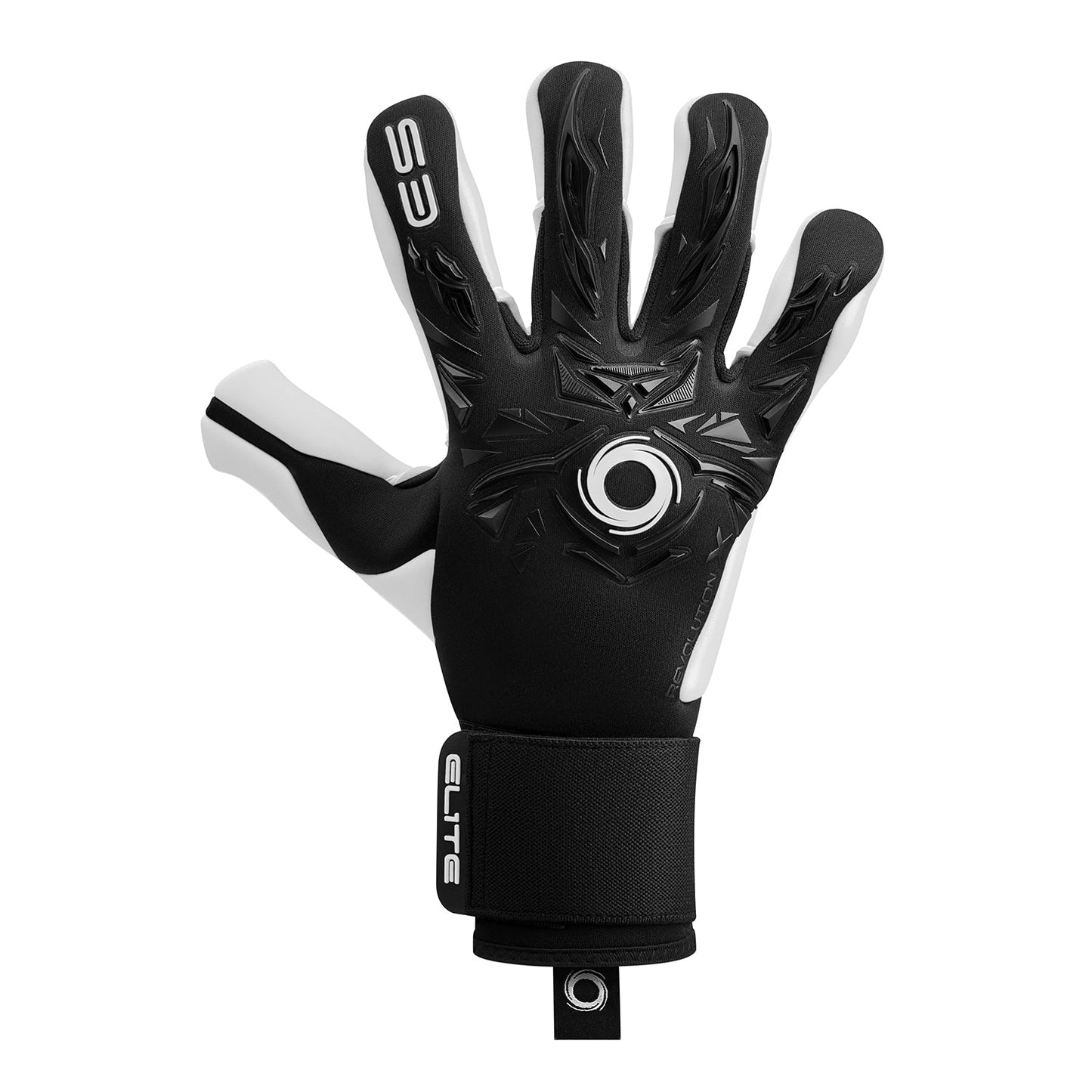 Black and white Elite Sport goalkeeper glove with an intricate pattern on the backhand, a circular white logo, and a wide branded wrist strap.