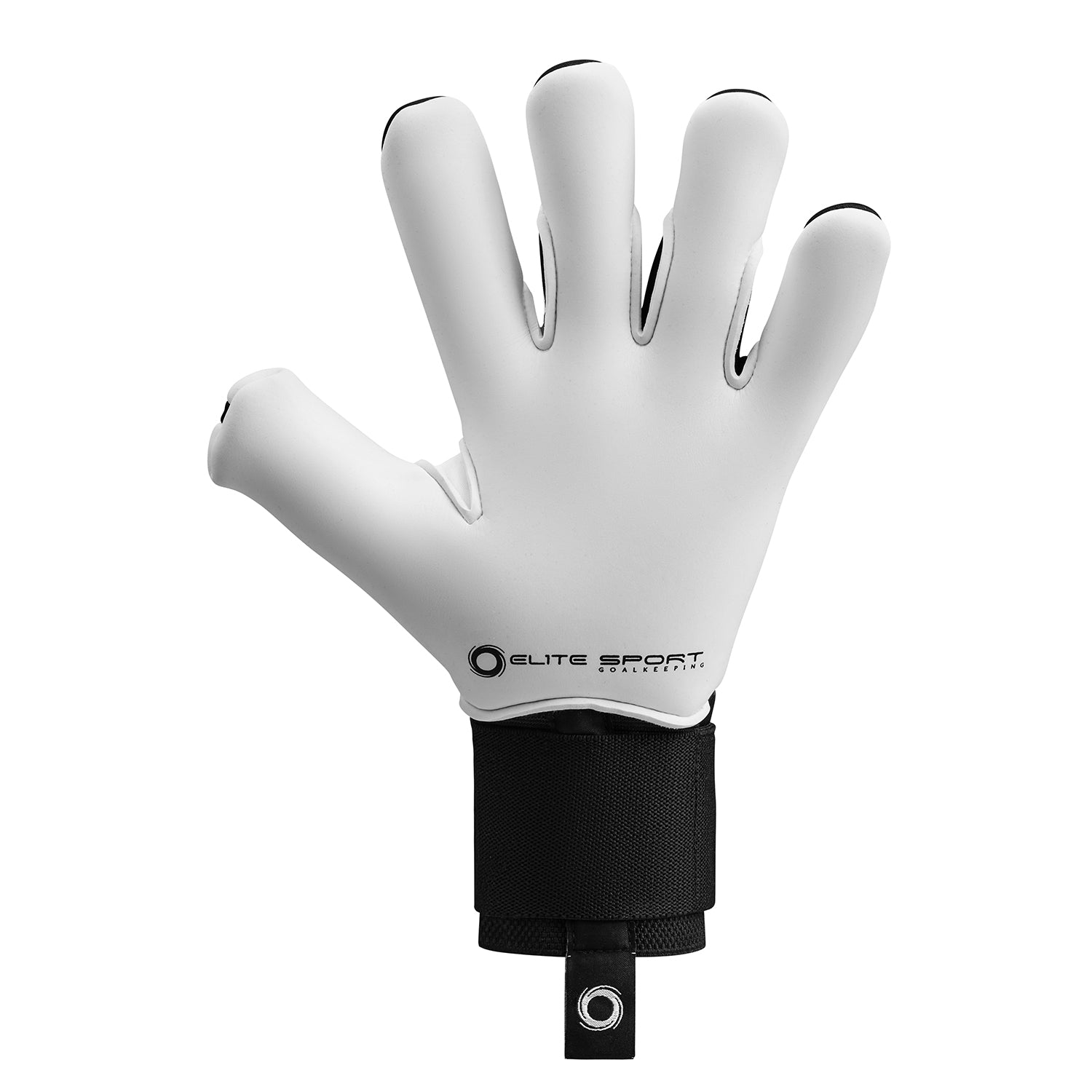 White goalkeeper glove from Elite Sport with a black wrist strap, shown from the palm side.