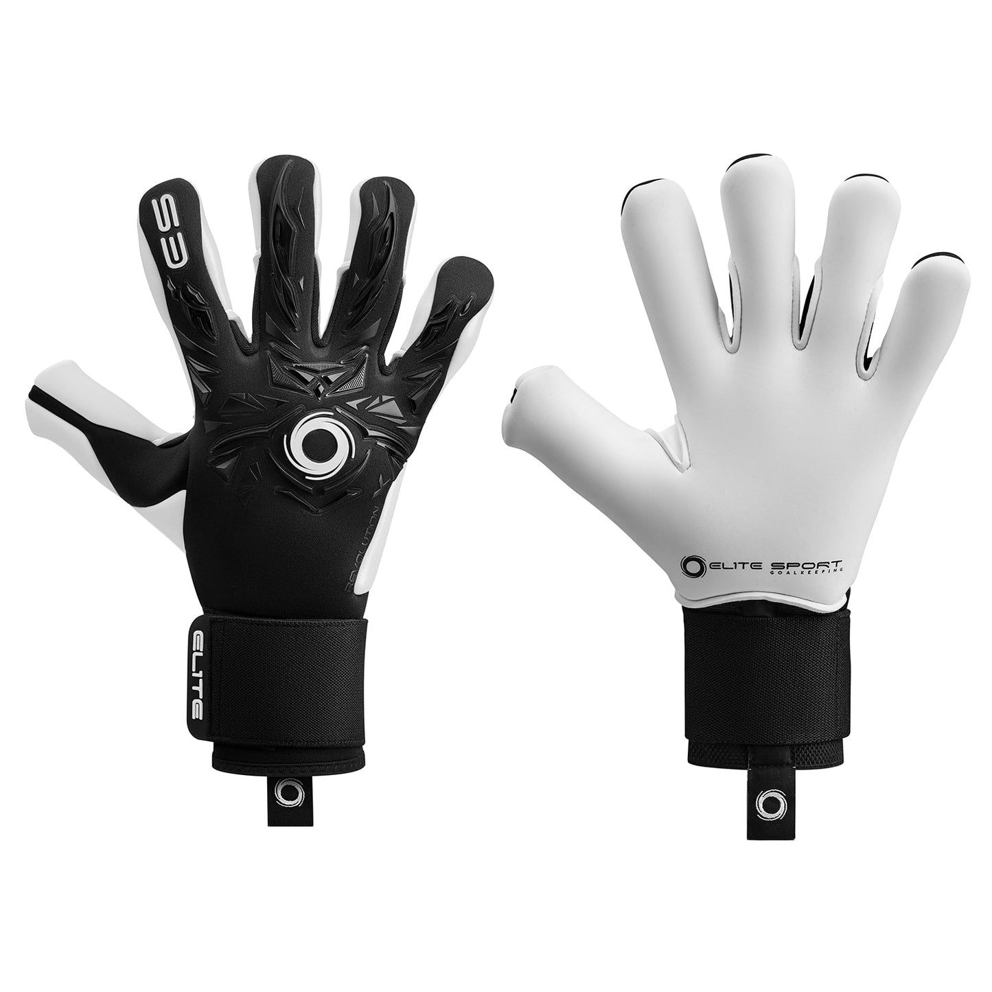 A pair of black and white soccer goalkeeper gloves, showing the textured back and smooth palm. They feature circular logos and "ELITE" branding on the wrist straps.