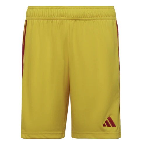 Yellow athletic shorts featuring dark red side stripes and an Adidas logo on the bottom right leg.