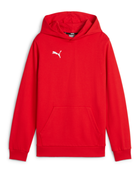 A bright red Puma hoodie featuring a white jumping cat logo on the chest, a front kangaroo pocket, and ribbed cuffs and hem.