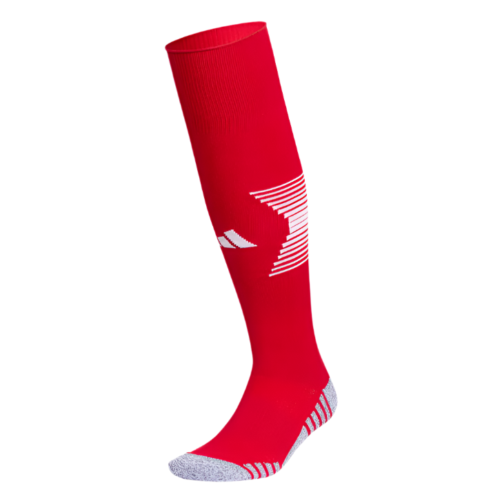 Red Adidas soccer sock with a white calf logo, white stripes on the back, and grey patterned heel and toe sections.