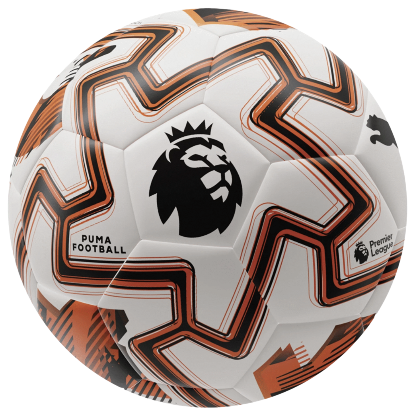 White Puma Premier League football featuring bold orange and black zigzag designs and the iconic lion logo.
