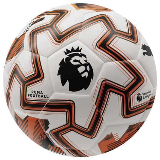 White Puma Premier League football featuring bold orange and black zigzag designs and the iconic lion logo.