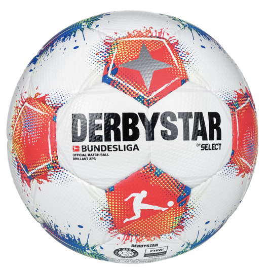 A Derbystar Bundesliga official match soccer ball, white with red and blue paint-splatter patterns on the panels and black branding.