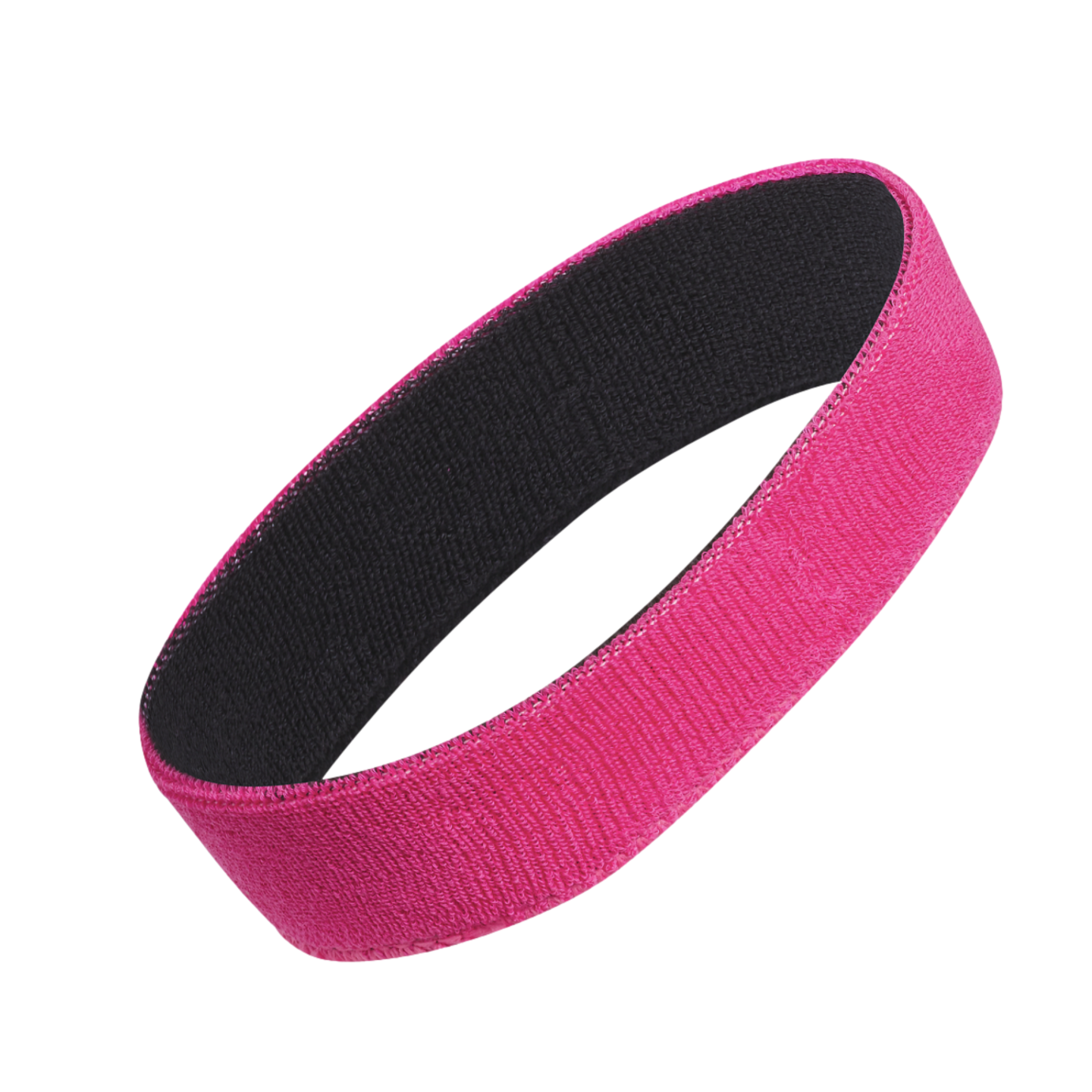 Bright pink elastic headband with a black inner lining, shown as a loop against a black background.