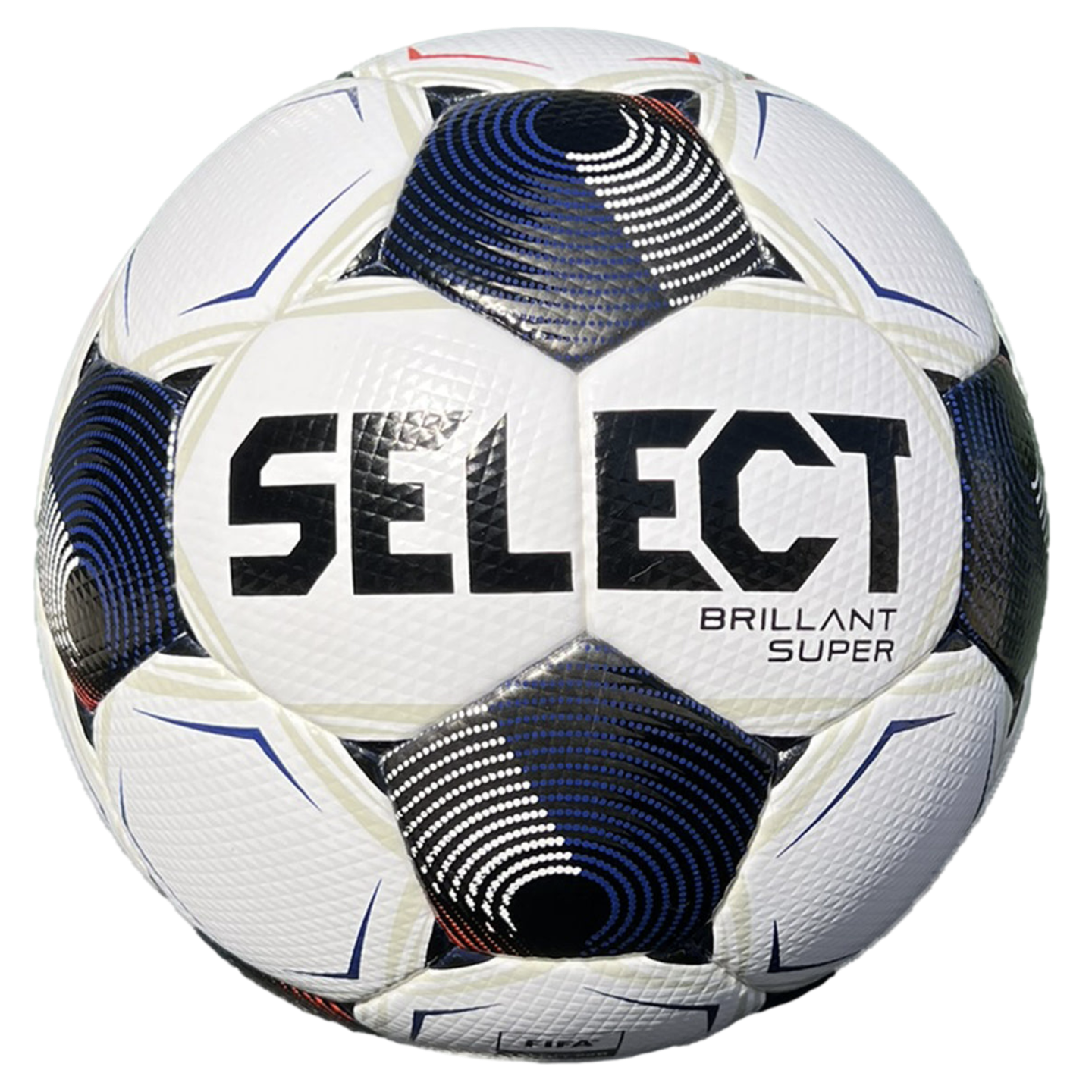 A white SELECT Brillant Super soccer ball with textured panels featuring black and blue circular patterns and blue linear accents.