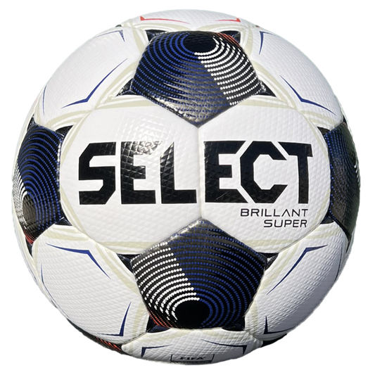 A white SELECT Brillant Super soccer ball with textured panels featuring black and blue circular patterns and blue linear accents.