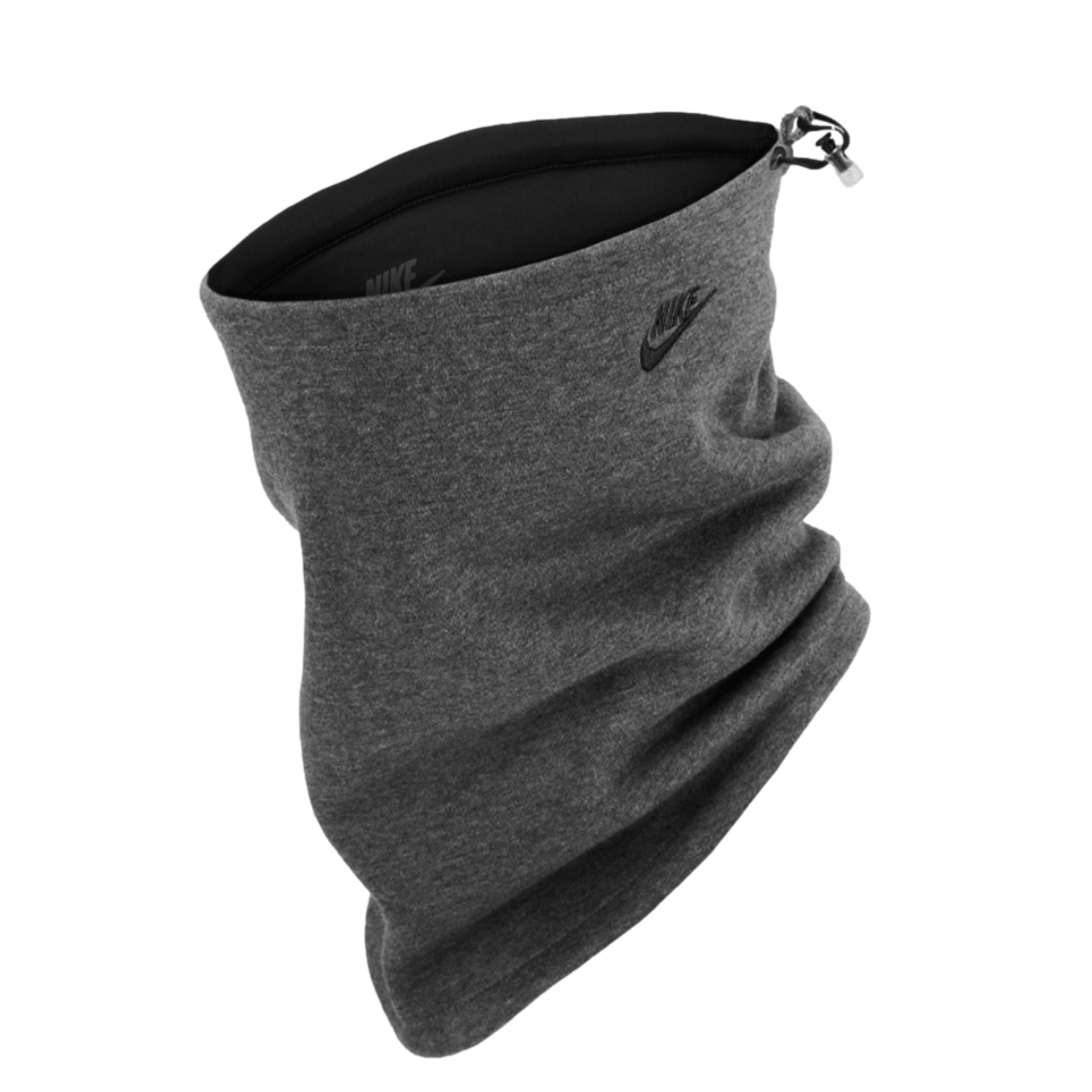 Dark grey Nike neck gaiter with a small black logo and adjustable toggle drawstring, shown against a solid black background.