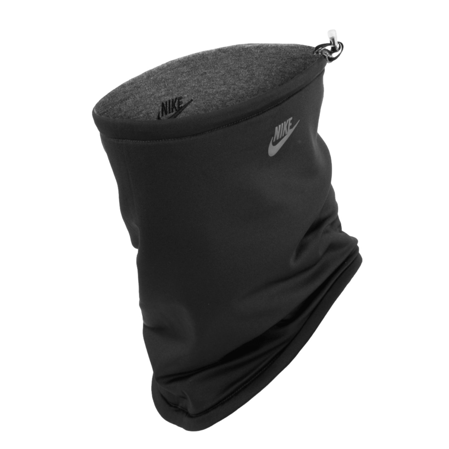 Black Nike neck gaiter with a grey fleece lining, silver Nike logo, and adjustable toggle at the top, displayed against a solid black background.