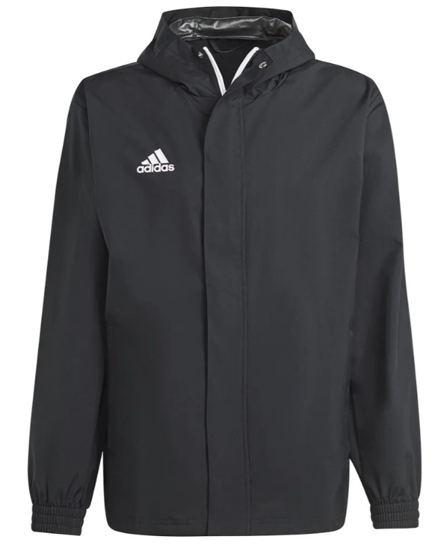 Black hooded Adidas windbreaker jacket with a white logo on the left chest, hidden zipper, and elastic cuffs.