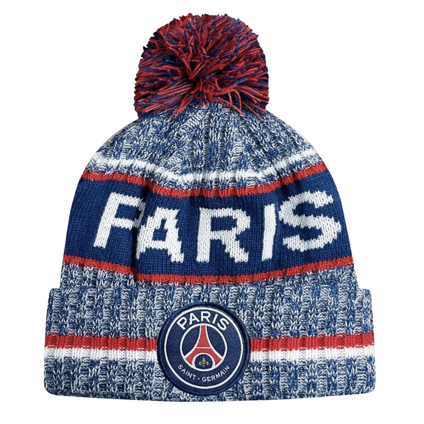 Blue, white, and red Paris Saint-Germain knit beanie with a pom-pom. The word "PARIS" is knitted across the middle, and the PSG team crest is featured on the front cuff.