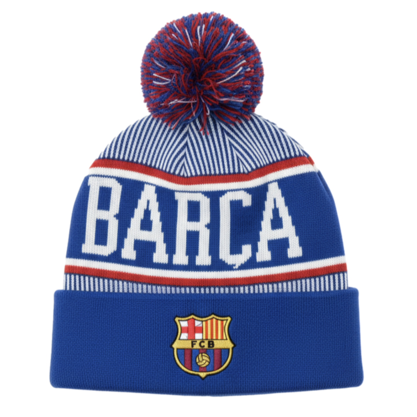 Blue and white striped knit beanie featuring a pom-pom, large "BARCA" lettering, and the FC Barcelona crest on the folded cuff.
