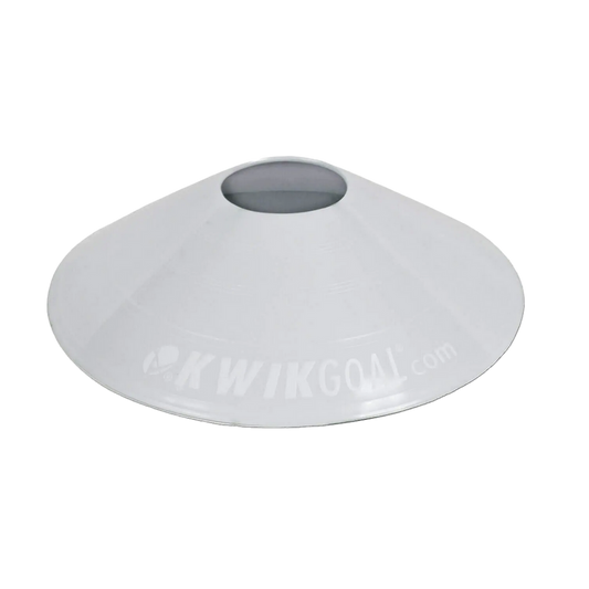 A white Kwik Goal brand saucer cone for sports training, shown against a solid black background.