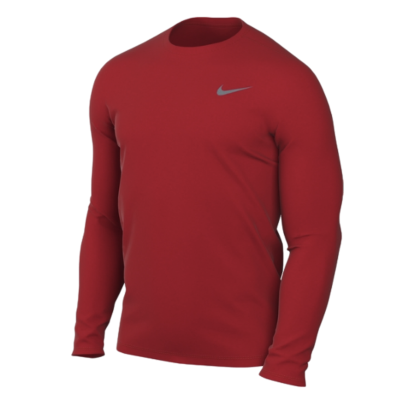 A red long-sleeved Nike athletic shirt with a crew neck and a small grey swoosh logo on the upper left chest.