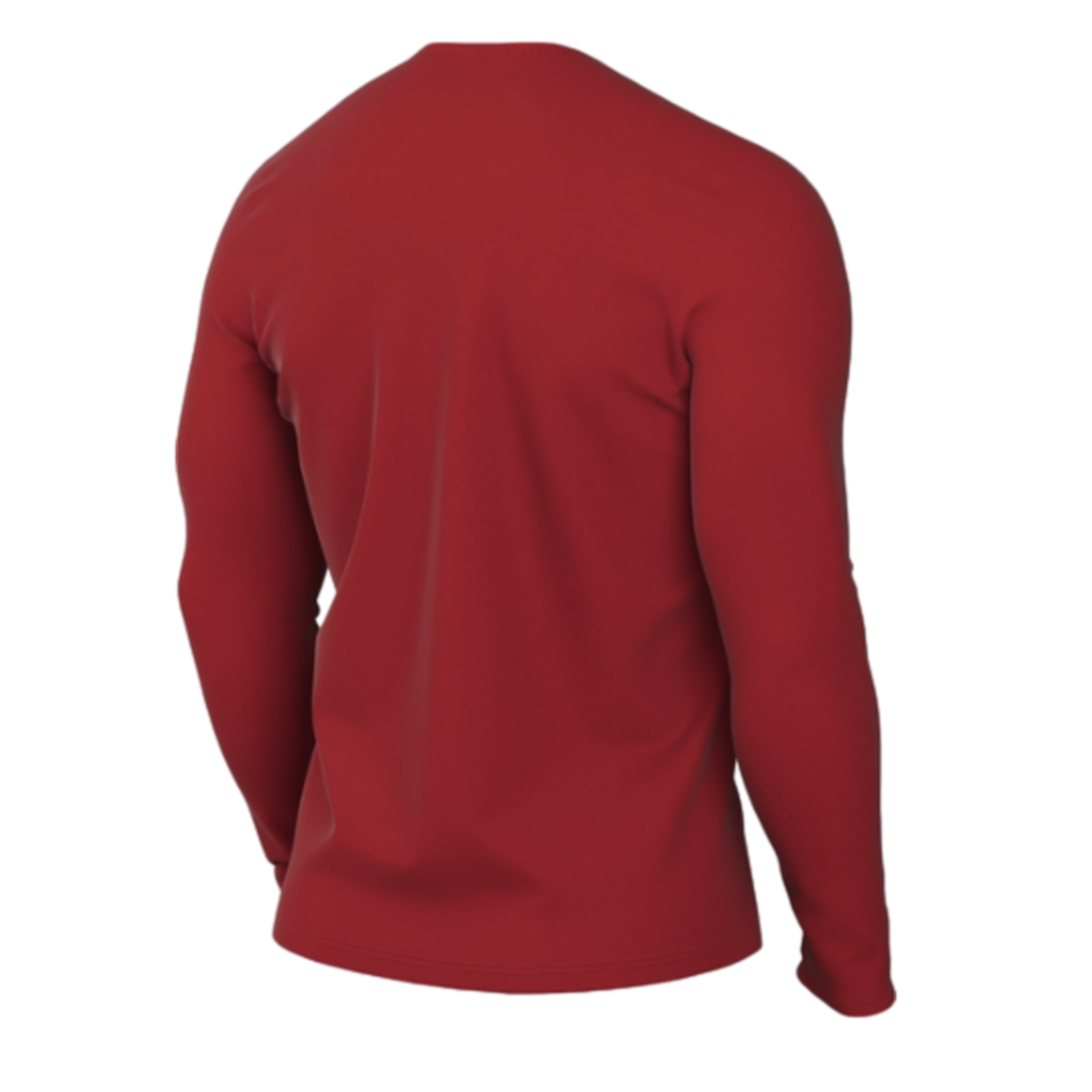Back view of a red, long-sleeved compression shirt on a figure against a solid black background.