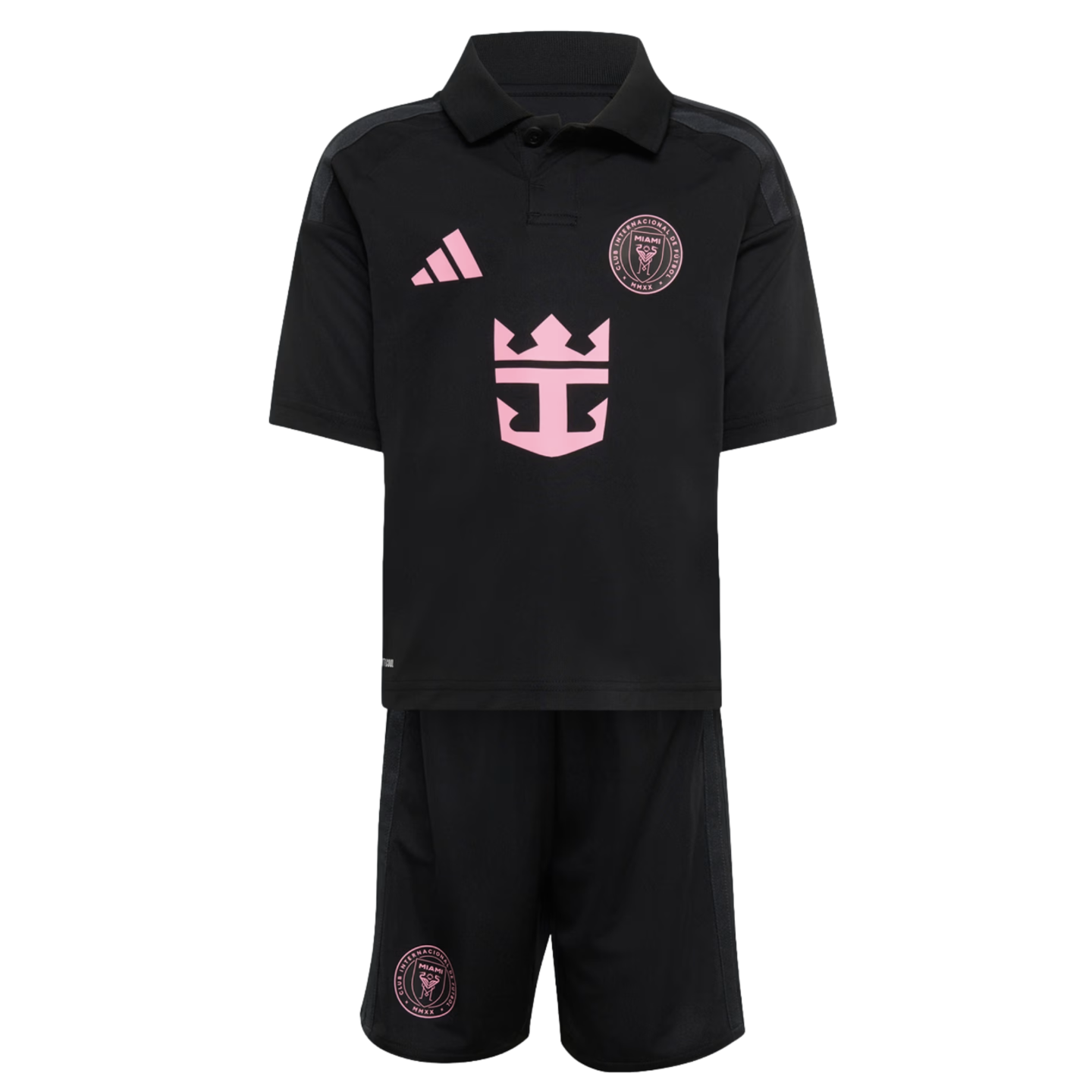 Inter Miami CF youth soccer kit in black with pink accents. Includes a polo jersey with Adidas, Royal Caribbean, and team logos, and matching shorts featuring a team crest.