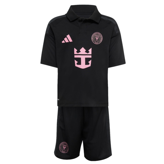 Inter Miami CF youth soccer kit in black with pink accents. Includes a polo jersey with Adidas, Royal Caribbean, and team logos, and matching shorts featuring a team crest.