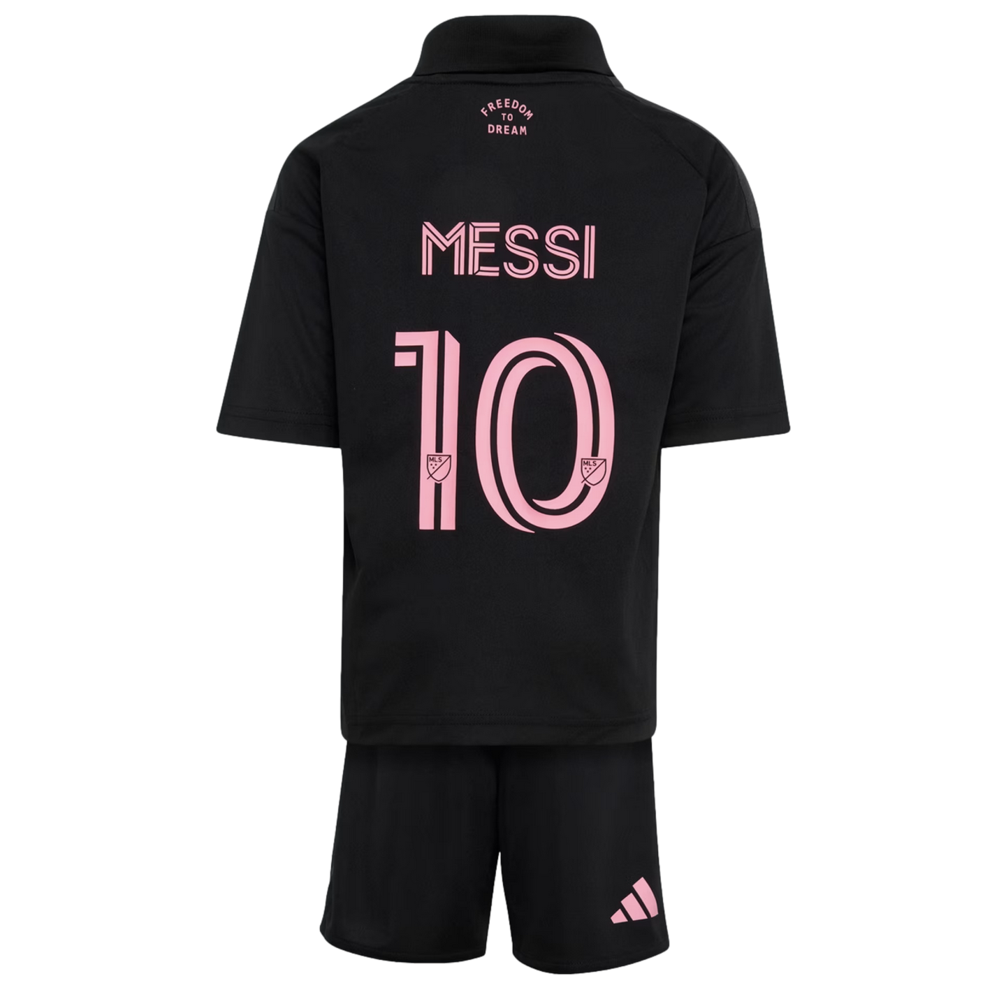 Back view of a black soccer kit with pink lettering. The jersey features the name "MESSI" and number "10". The matching shorts have a pink Adidas logo.