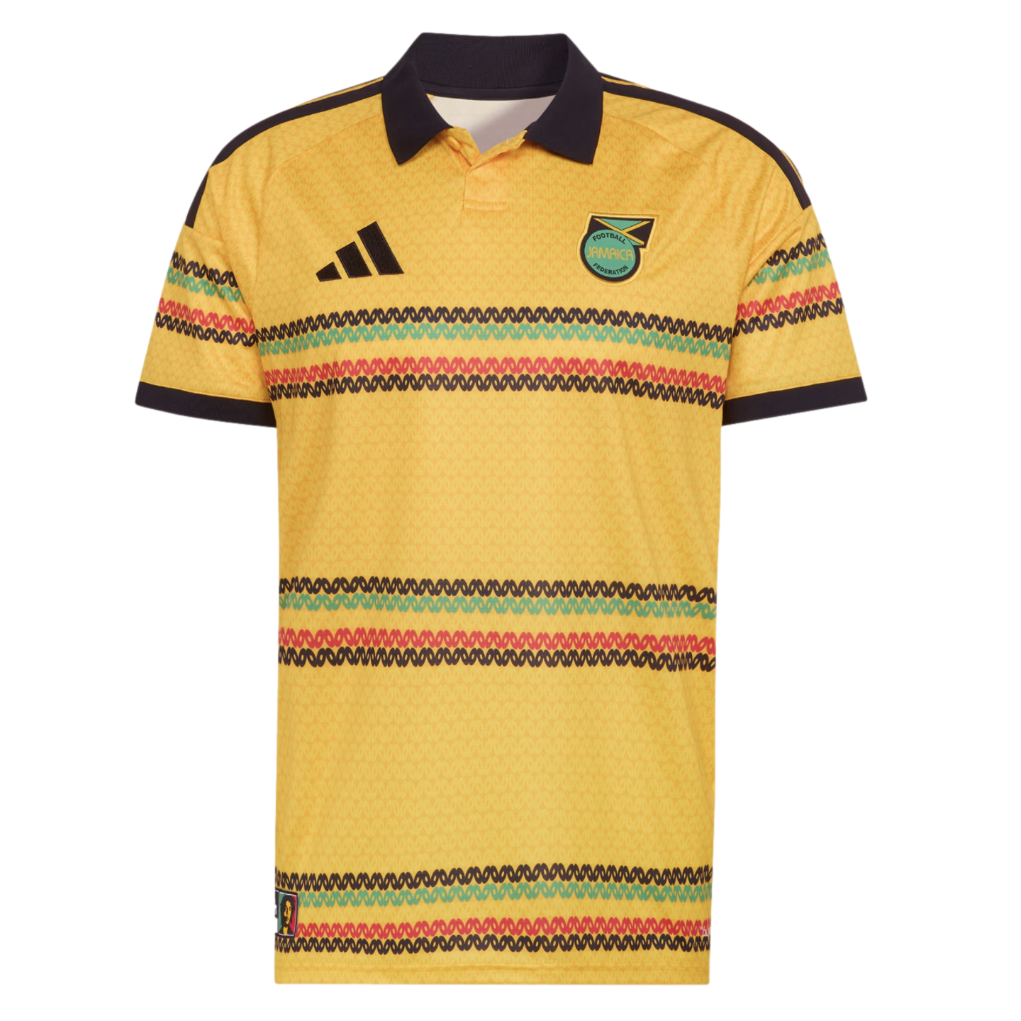 Yellow Jamaica national football team jersey featuring a black collar and wavy green, red, and black horizontal stripes. Adidas logo and team crest are displayed on the chest.