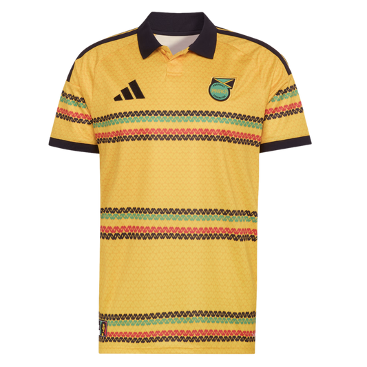 Yellow Jamaica national football team jersey featuring a black collar and wavy green, red, and black horizontal stripes. Adidas logo and team crest are displayed on the chest.
