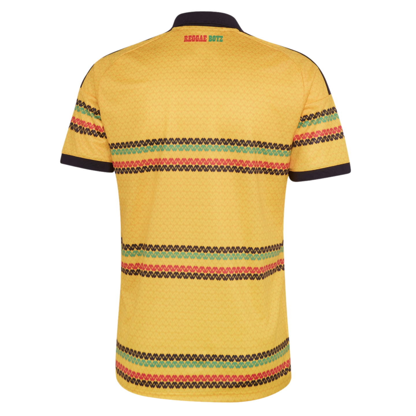 Back view of a yellow Jamaica football jersey with horizontal red, green, and black patterned stripes and "REGGAE BOYZ" text on the upper back. Black collar and sleeve trim.