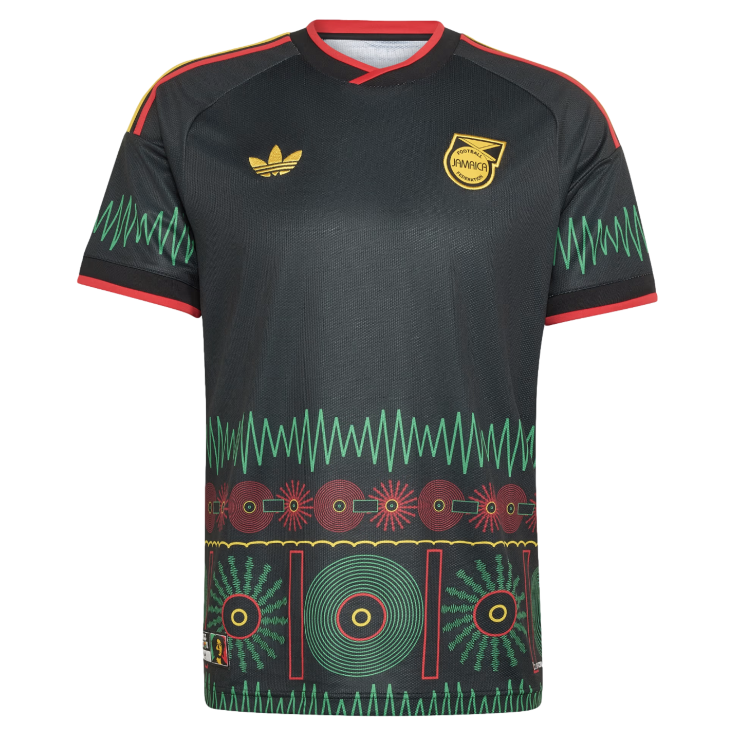 Black Adidas Jamaica football jersey featuring gold logos and a vibrant red, green, and yellow sound wave and vinyl record pattern on the sleeves and lower body.