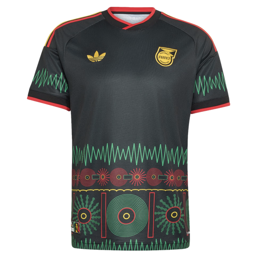 Black Adidas Jamaica football jersey featuring gold logos and a vibrant red, green, and yellow sound wave and vinyl record pattern on the sleeves and lower body.
