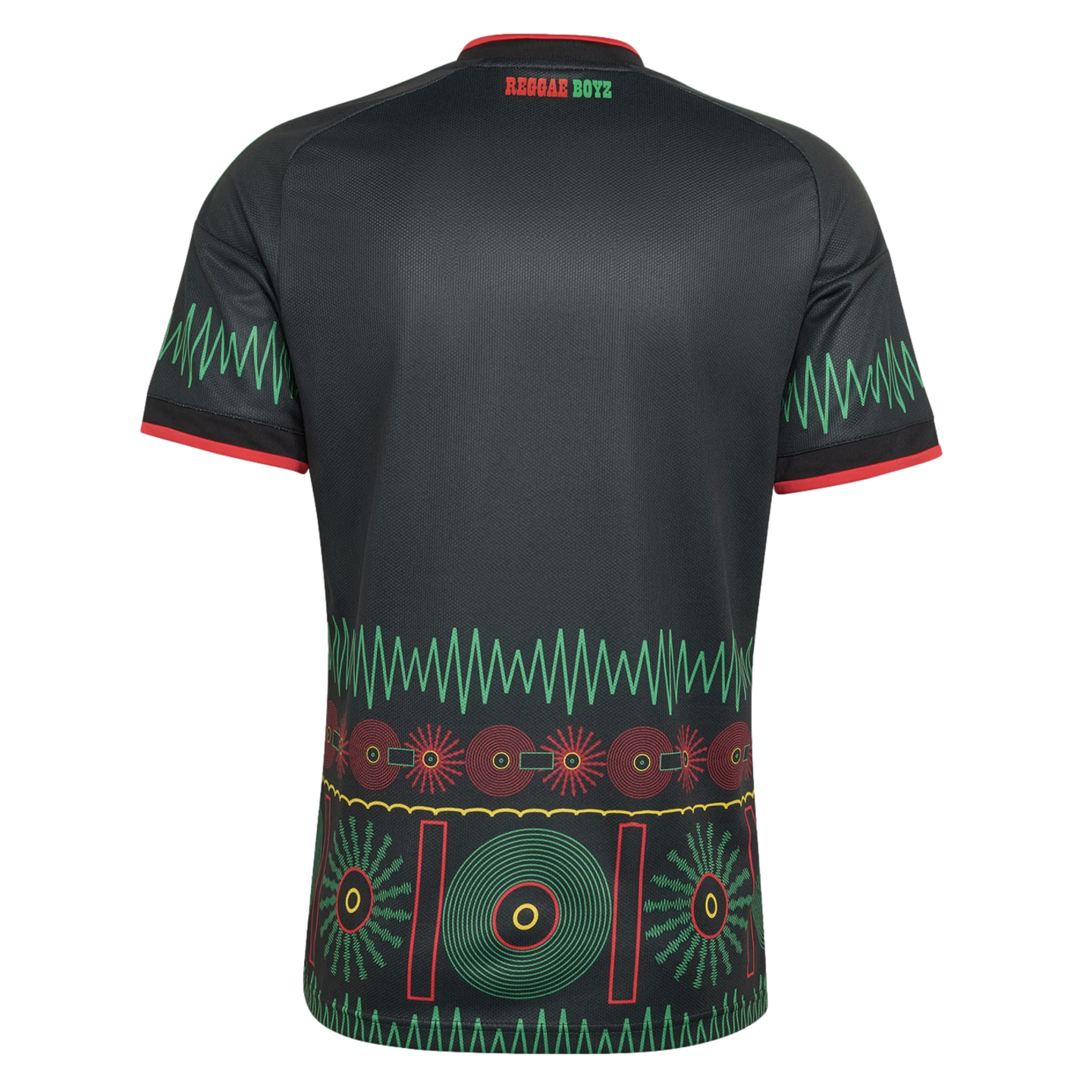 Back view of a black Reggae Boyz soccer jersey with green zigzag sleeve patterns and a vibrant red, yellow, and green graphic design along the bottom.