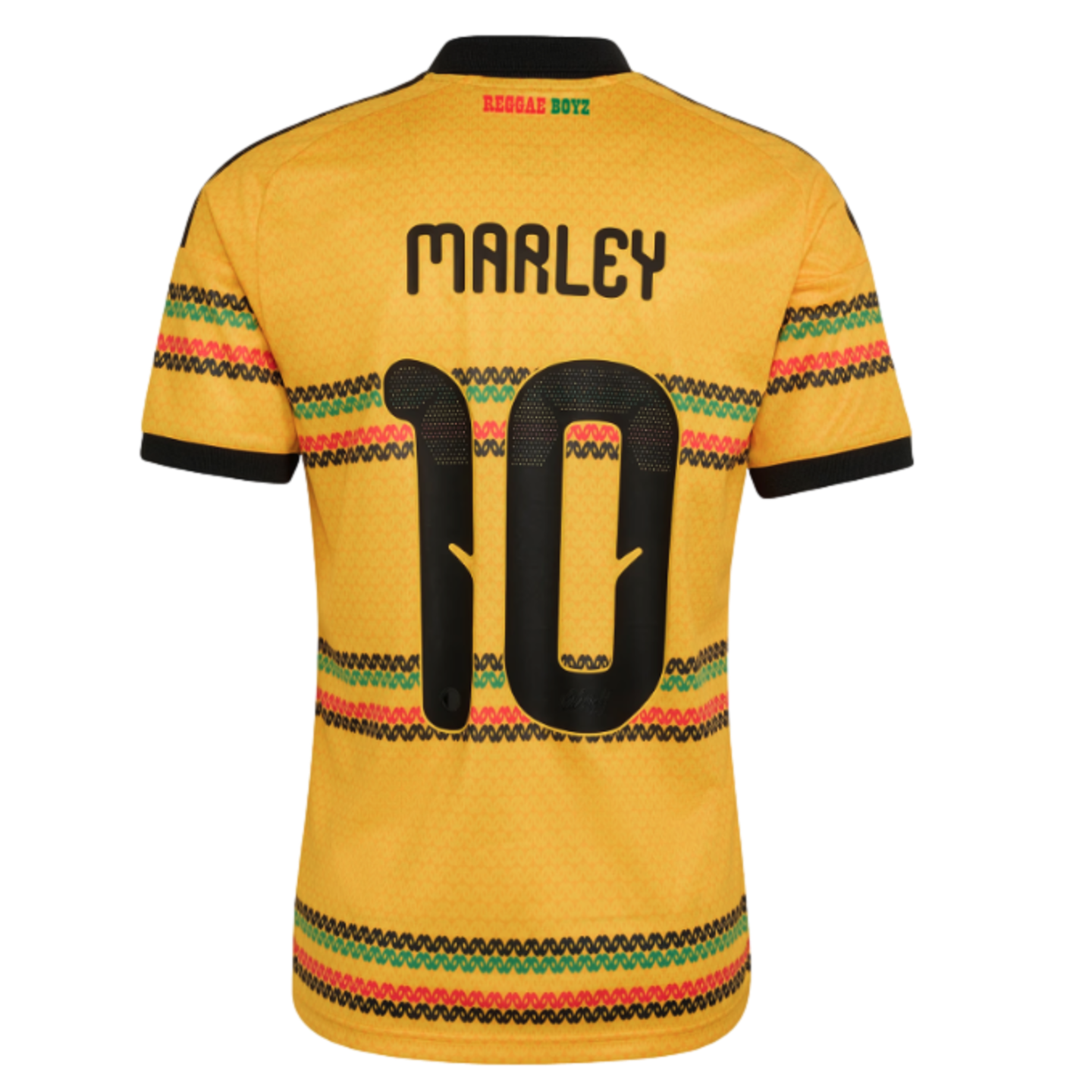 Back of a yellow Jamaica soccer jersey with "MARLEY" and "10" in black. Includes green, red, and black patterned bands and "REGGAE BOYZ" printed near the collar.