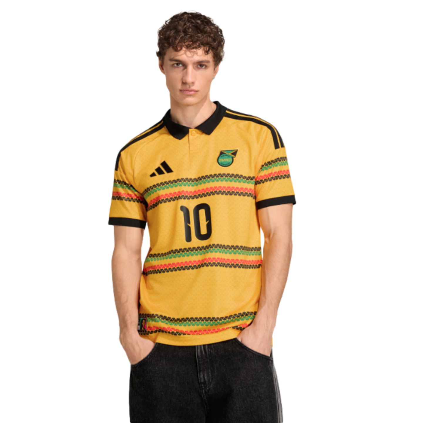 Man in a yellow Adidas Jamaica jersey with number 10 and black, red, and green patterned stripes, against a black background.